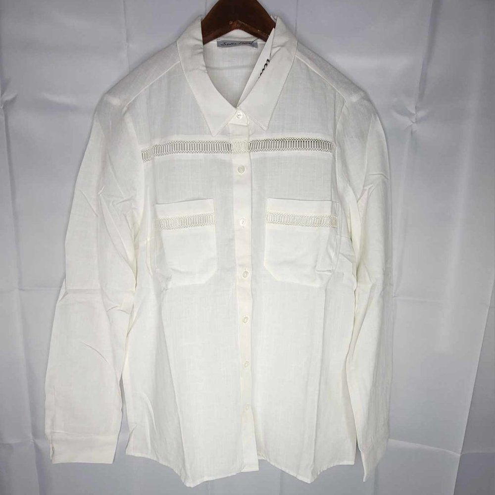 Stella Women' s L Western Causal Botton-Down Embroidered Eggshell White Shirt